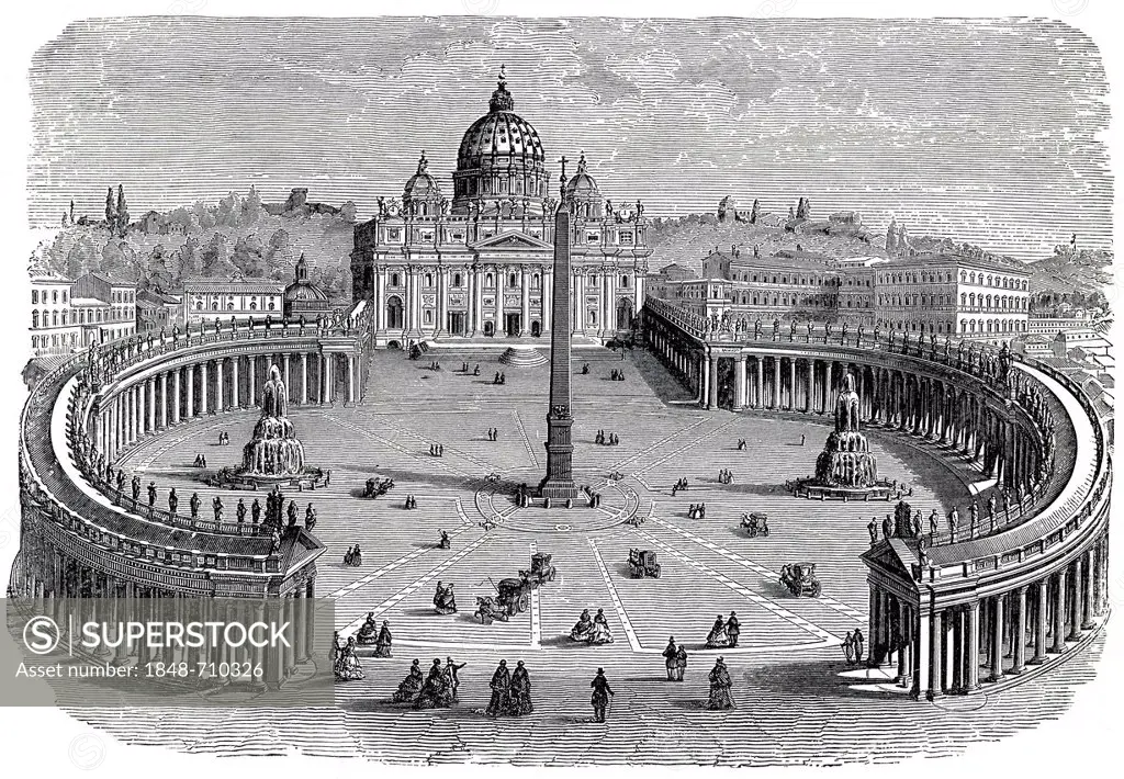 St. Peter's Basilica and St. Peter's Square in Vatican City, Rome, Italy, historical engraving, 19th Century, from the book by I Solskin Hjemmet, Ung ...