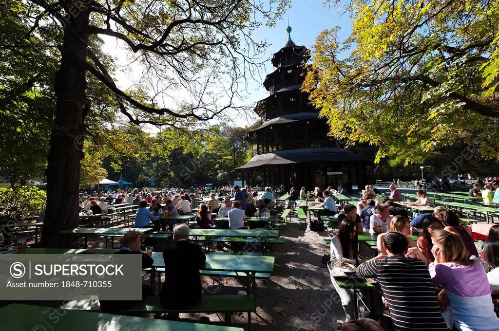 People sitting in the beer garden near the Chinese Tower in the English Garden, Munich, Bavaria, German, Europe