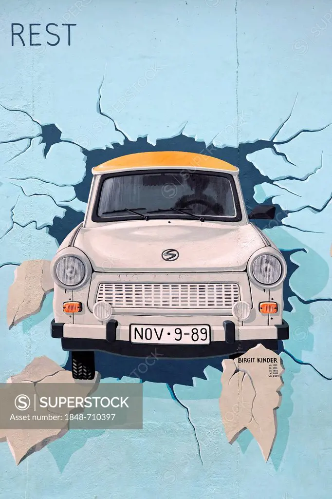 Test the Rest, Trabant breaking through the Berlin Wall, by Birgit Kinder, painting on the Berlin Wall, East Side Gallery, Berlin, Germany, Europe
