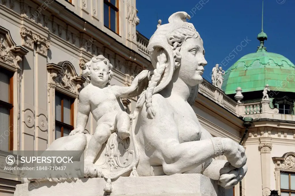 Sculpture with sphinx and a child in front of the Upper Belvedere, built 1721-1723, Prinz-Eugen-Strasse 27, Vienna, Austria, Europe