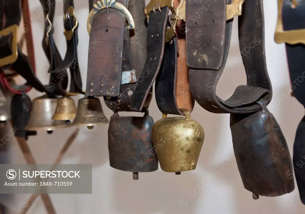 Historic cow bells on leather straps, Pfronten, Ostallgaeu, Allgaeu, Bavaria, Germany, Europe
