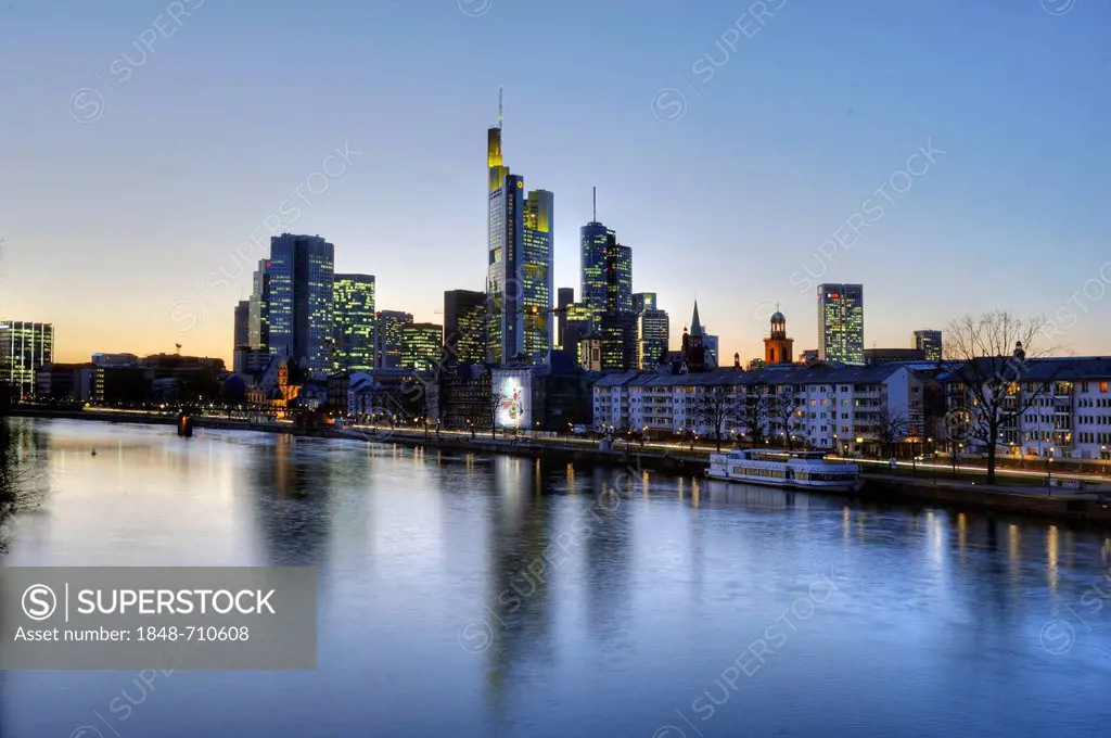 View of the Frankfurt skyline across the River Main, Frankfurt am Main, Hesse, Germany, Europe