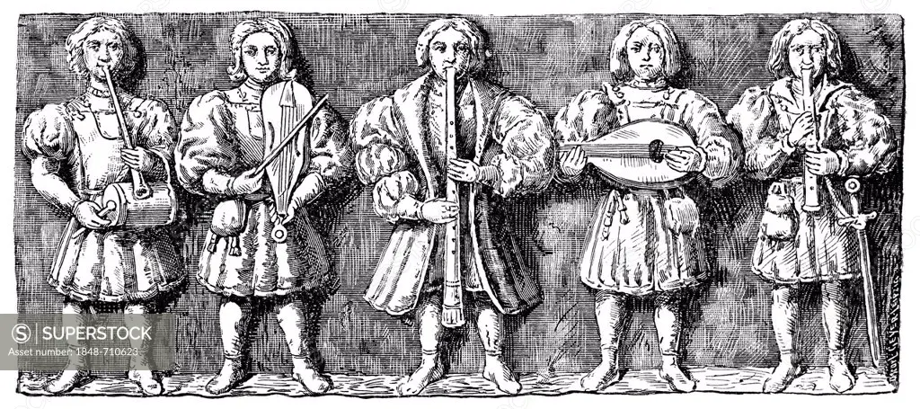 Historical engraving from the 19th Century, depiction of minstrels or troubadours, medieval European bards, St. Mary's Church in Beverley, England