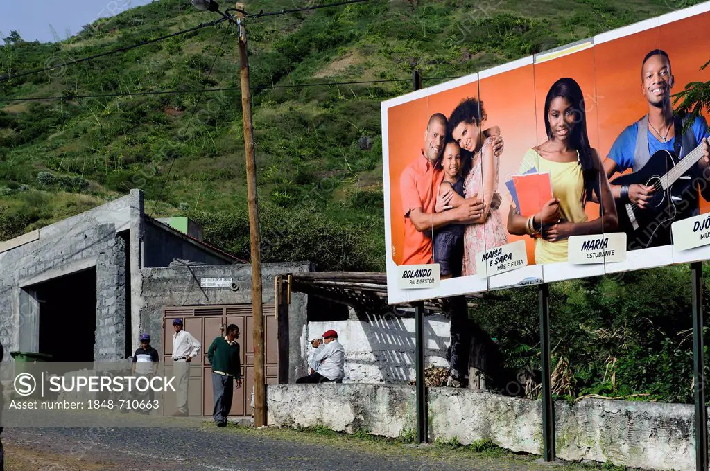 Advertising poster in a street, Cova Figueira, Fogo, Cape Verde, Africa