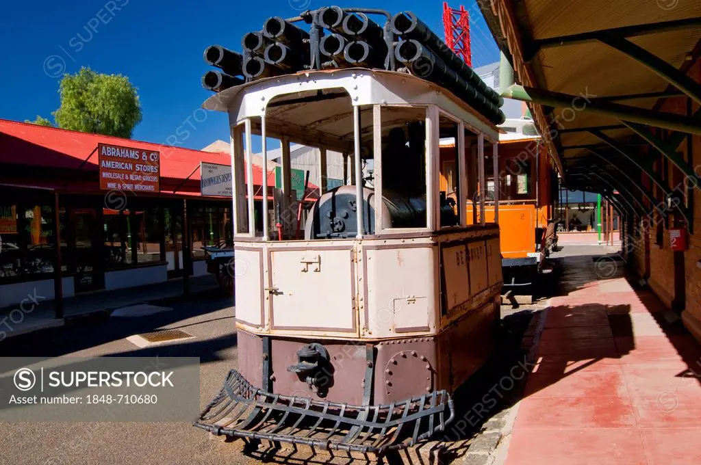 Old tram, reconstructed old street, Kimberley Mine Museum, Kimberley, Northern Cape, South Africa, Africa