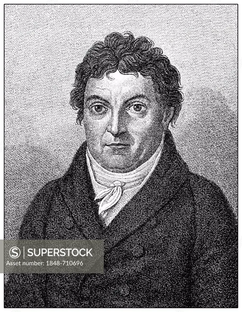 Historical illustration from the 19th century, portrait of Johann Gottlieb Fichte, 1762 - 1814, a German educator and philosopher of German Idealism