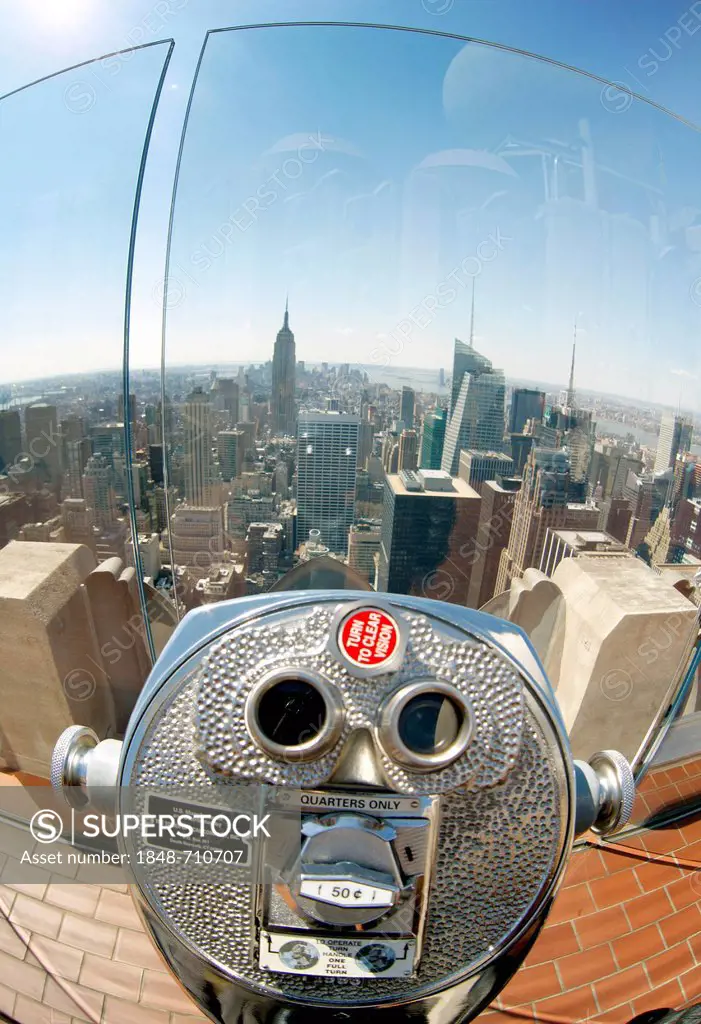 Coin-telescope, view from Rockefeller Center with the skyline, New York City, New York, United States, North America