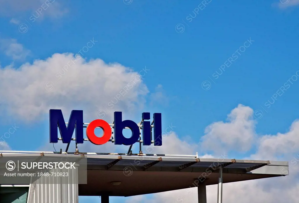 Signage, logo of Mobil Oil in Riga, Latvia, Europe