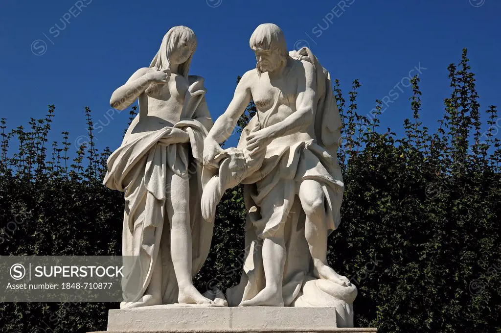 A female and a male statue with a horn of plenty, Unteres Schloss Belvedere palace, characters from the Graeco-Roman mythology, Rennweg street, Vienna...