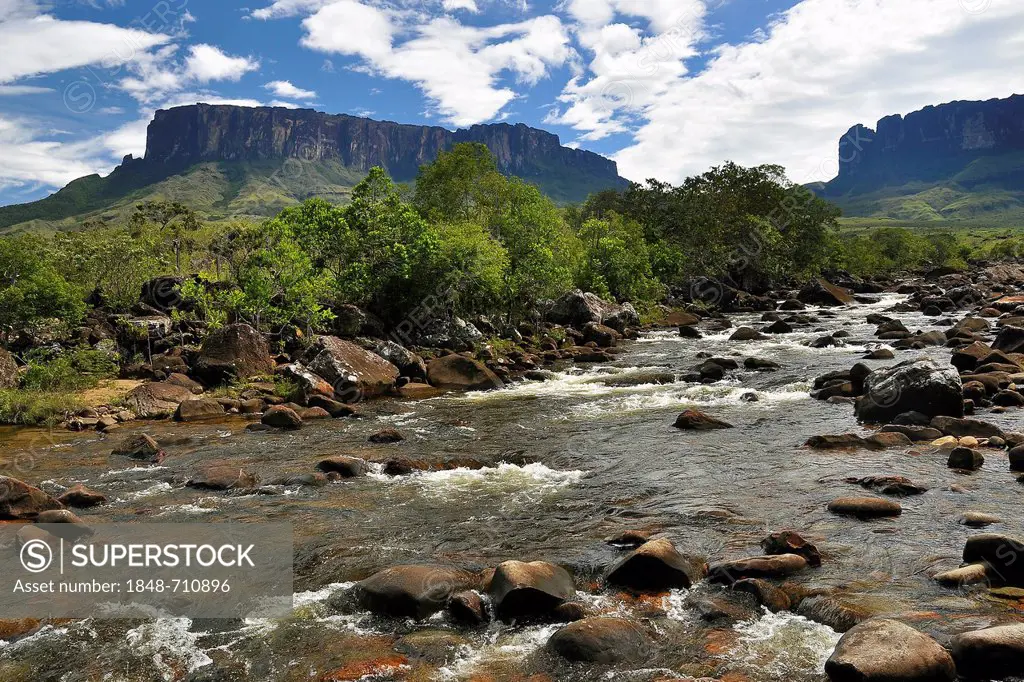 River in front of Kukunan and Roraima table mountains, highest mountain of Brazil, tri-border region Brazil, Venezuela, Guyana on the high plateau, So...