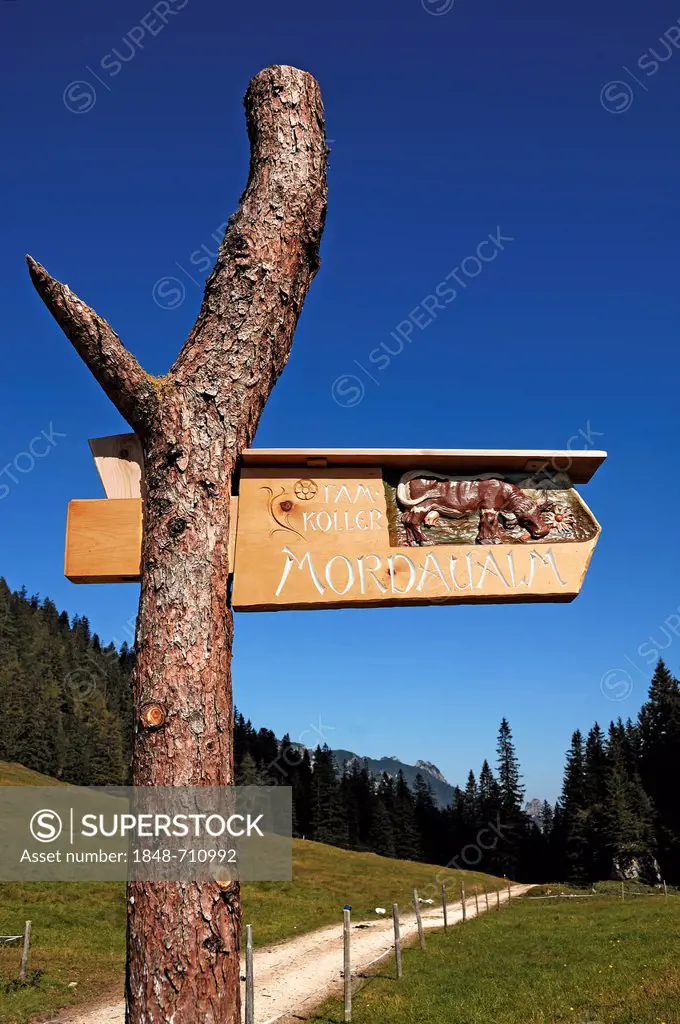 Signpost to Mordaualm, altitude 1200m, mountain pasture with inn, near Ramsau, Upper Bavaria, Bavaria, Germany, Europe