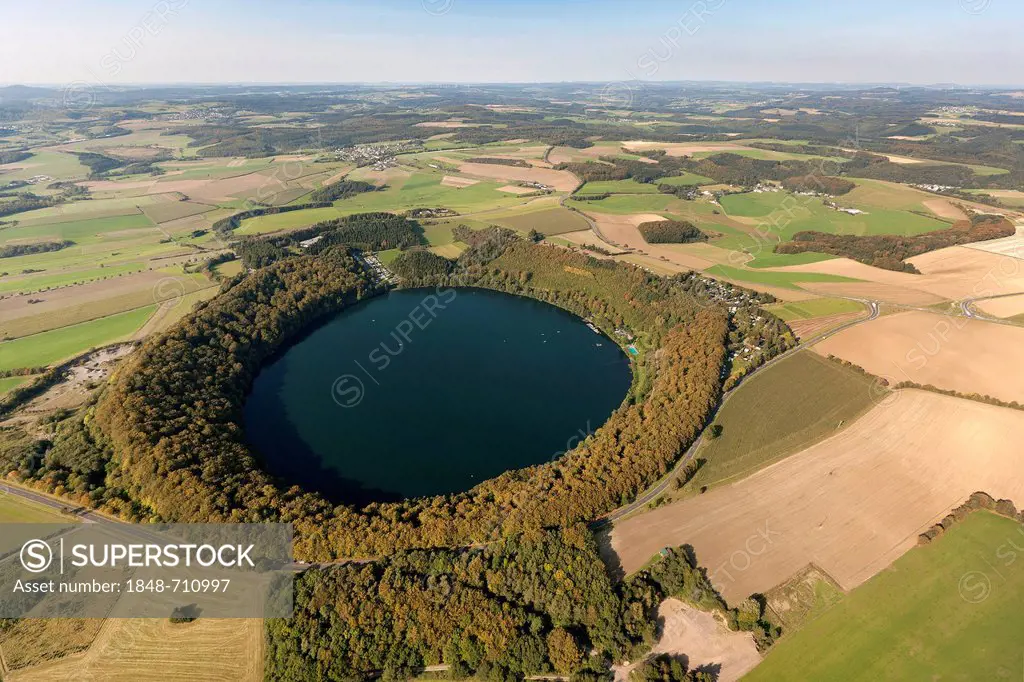 Aerial view, Gillenfeld, Pulvermaar, volcanic lake, camping ground, Eifel mountain range, Rhineland-Palatinate, Germany, Europe