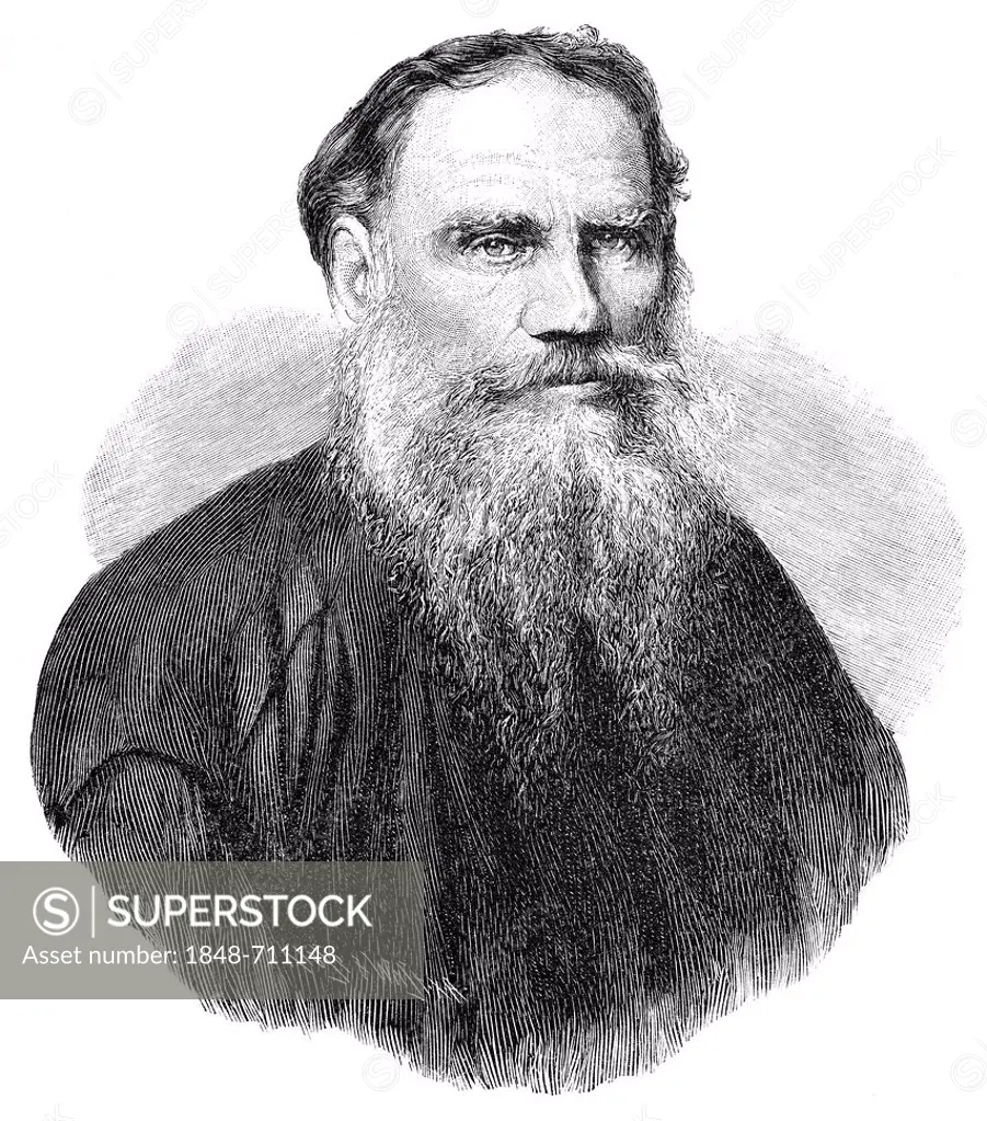 Historical illustration from the 19th century, portrait of Count Lev Nikolayevich Tolstoy or Leo Tolstoy, 1828 - 1910, a Russian writer and anarchist