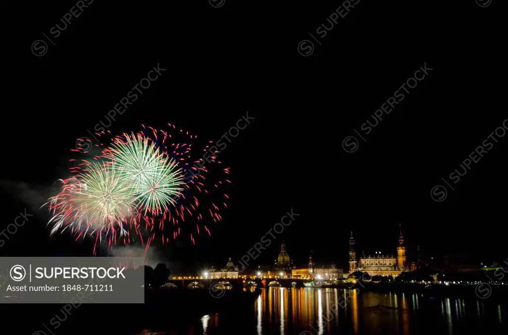 Fireworks illuminating the historic part of the city, seen from Marienbruecke bridge, Dresden, Saxony, Germany, Europe