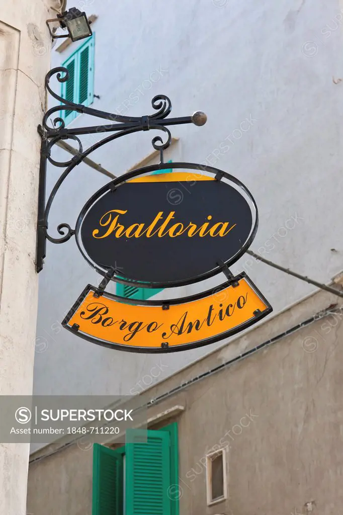 Hanging sign of a trattoria, Monopoli, Apulia, Southern Italy, Italy, Europe