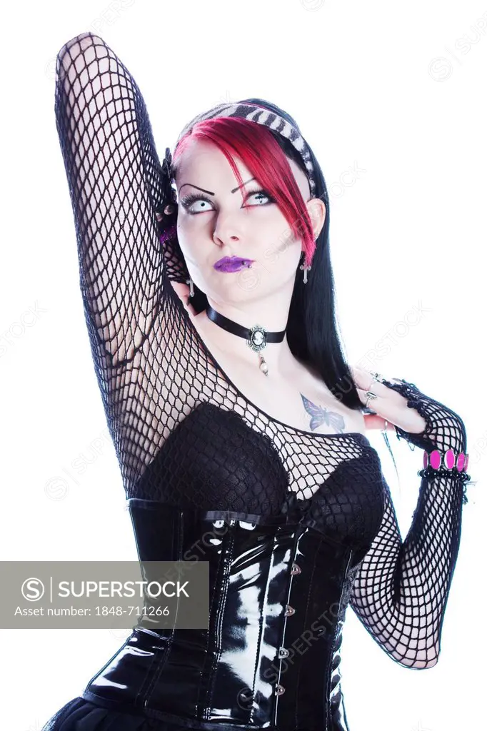 Woman, Gothic, glossy vinyl corset, standing