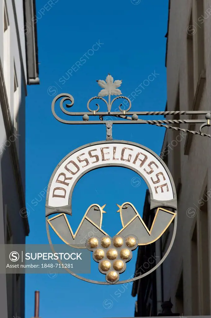 Wrought iron hanging sign, Drosselgasse, Ruedesheim, Rheingau, Hesse, Germany, Europe