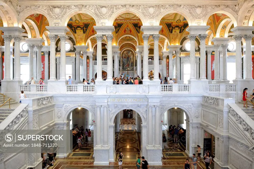 Marble columns, marble arches, frescoes, mosaics in the magnificent entrance hall, The Great Hall, The Jefferson Building, Library of Congress, Capito...