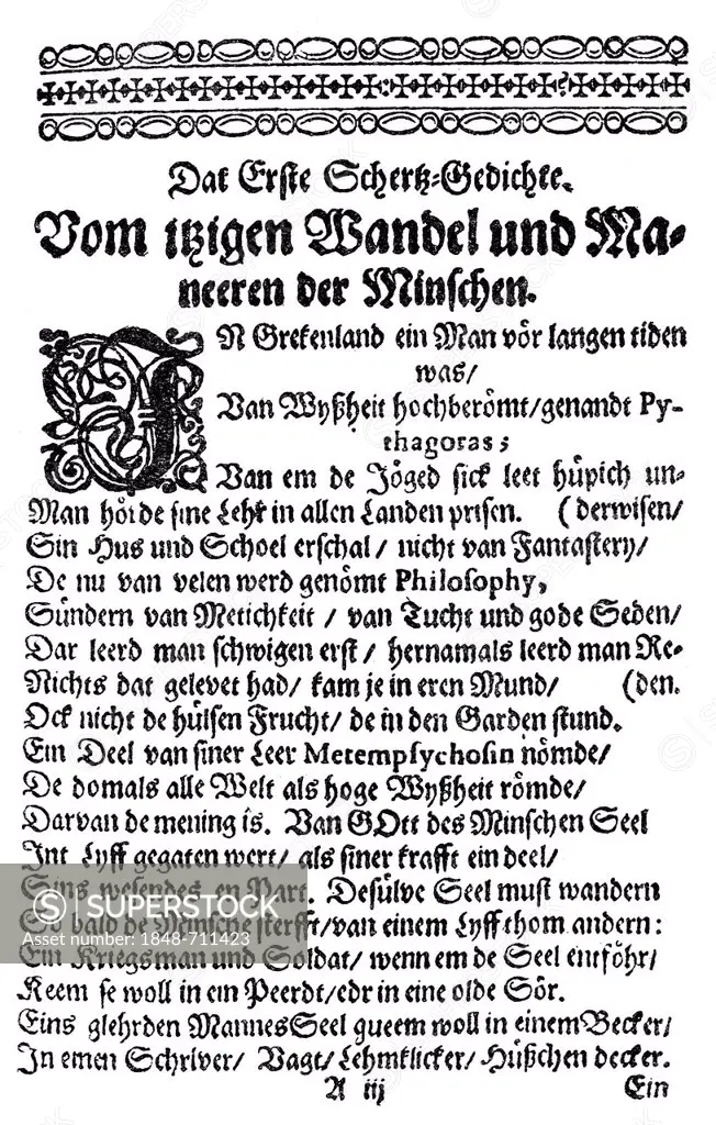 Historic print of 1652, page of the first mourning poem by Johann Lauremberg also known as Johannes Lauremberg, Johann Wilhelm Laurenberg or Hans Will...