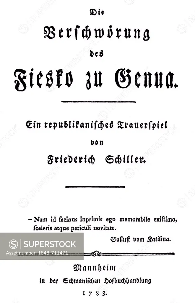 Historical print, 1783, title of the first edition of Fiesko zu Genua by Johann Christoph Friedrich von Schiller, from the Bildatlas zur Geschichte de...