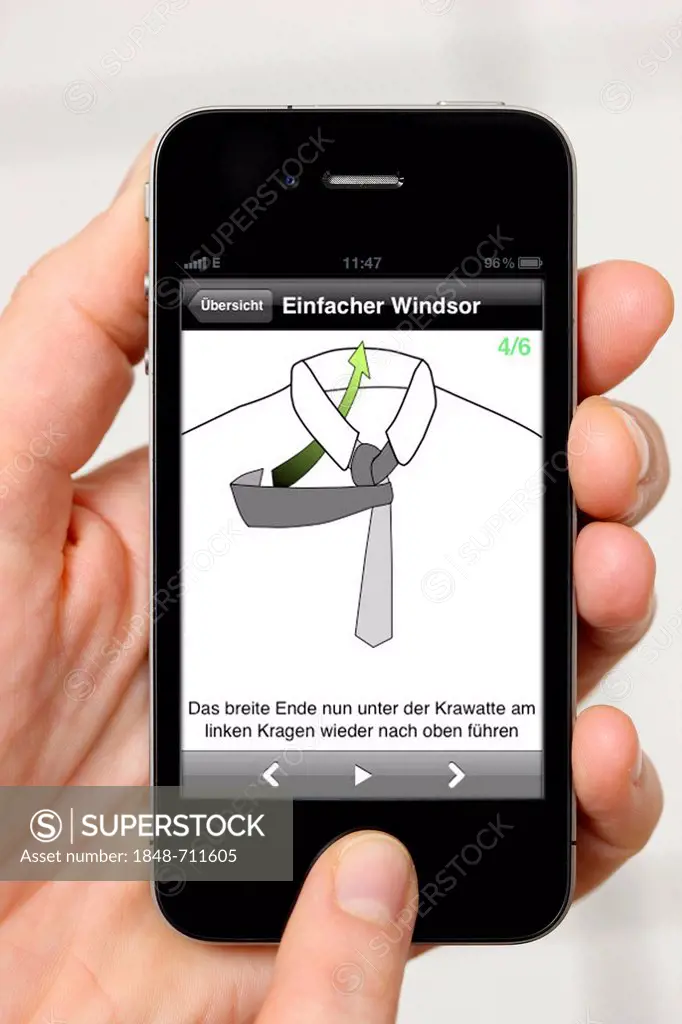 Iphone, smart phone, app on the screen, instructions on how to tie a tie