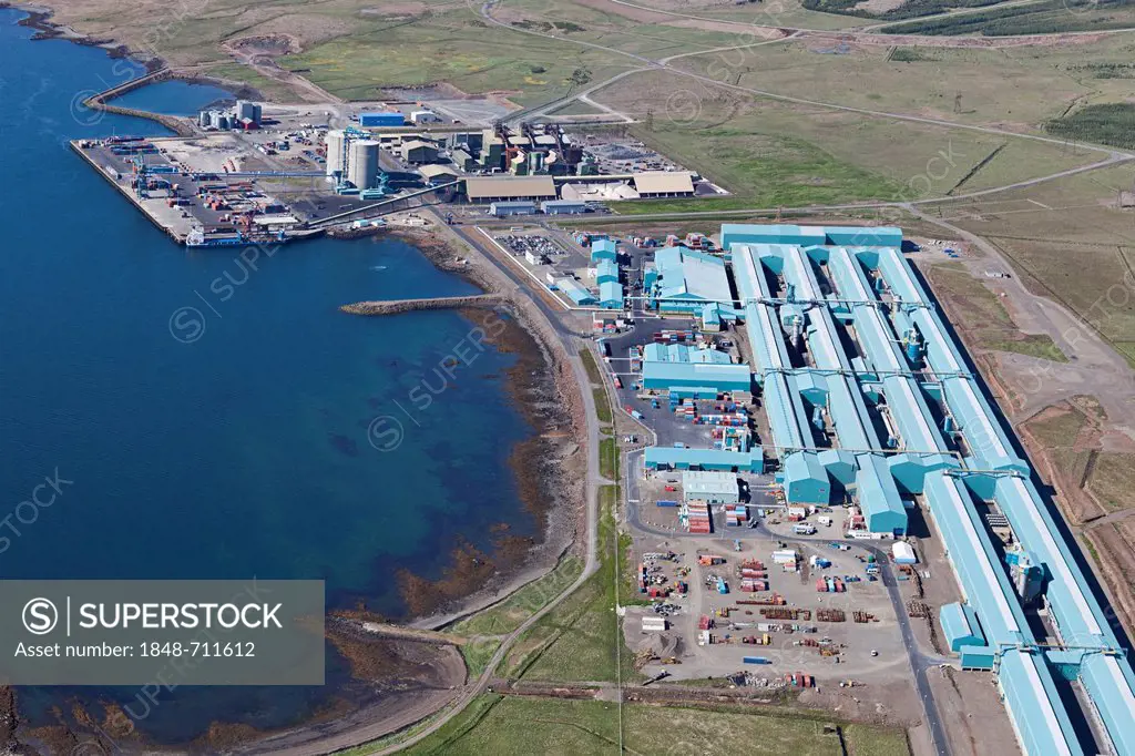 Aerial view, aluminum factory, smelting plant, port on the west coast of Iceland, Europe