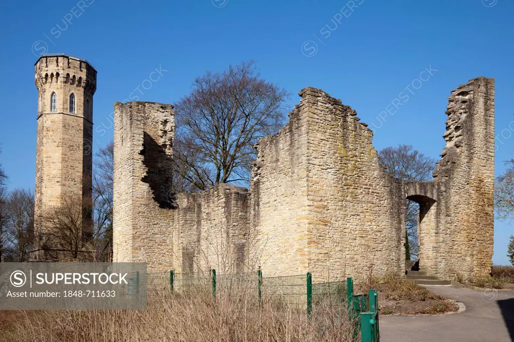 Ruins of Hohensyburg Castle with Vincketurm tower, Syburg, Dortmund, Ruhr region, North Rhine-Westphalia, Germany, Europe, PublicGround