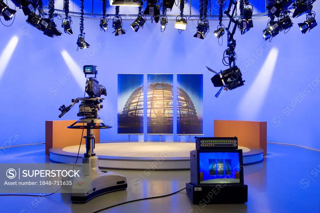 Television studio in the Deutscher Bundestag, German parliament, TV facility, studio decorated with the dome of the Reichstag building, Berlin, German...