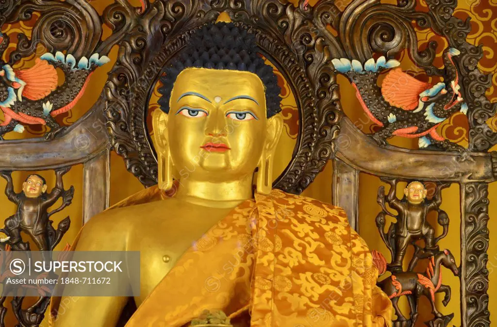 Tibetan Buddhism, illuminated Buddha figure, Reting Monastery, Mount Gangi Rarwa, Himalayas, Lhundrup County, central Tibet, Tibet, China, Asia