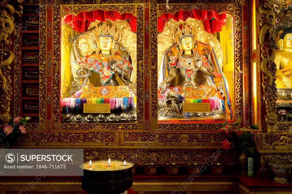 Tibetan Buddhism, illuminated Buddha figures, Reting Monastery, Mount Gangi Rarwa, Himalayas, Lhundrup County, central Tibet, Tibet, China, Asia