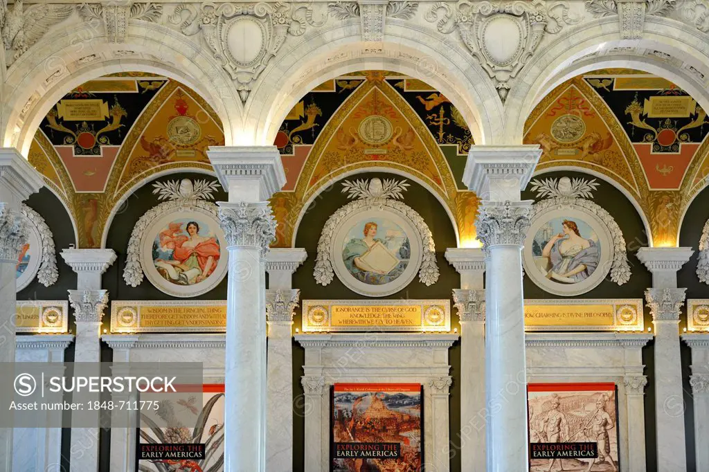 Marble columns, marble arches, frescoes, mosaics in the magnificent entrance hall, The Great Hall, The Jefferson Building, Library of Congress, Capito...