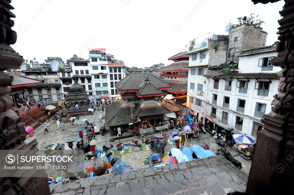 Royal Square, Durbar Square with market during rainy weather, Bagmati, Kathmandu, Nepal, South Asia, Asia