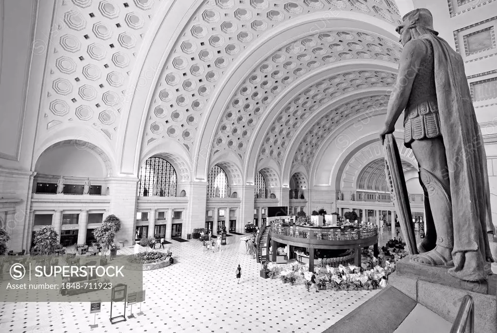 Black and white image, interior view, Great Main Hall, larger than life statues, station forecourt, Union Station, Washington DC, District of Columbia...