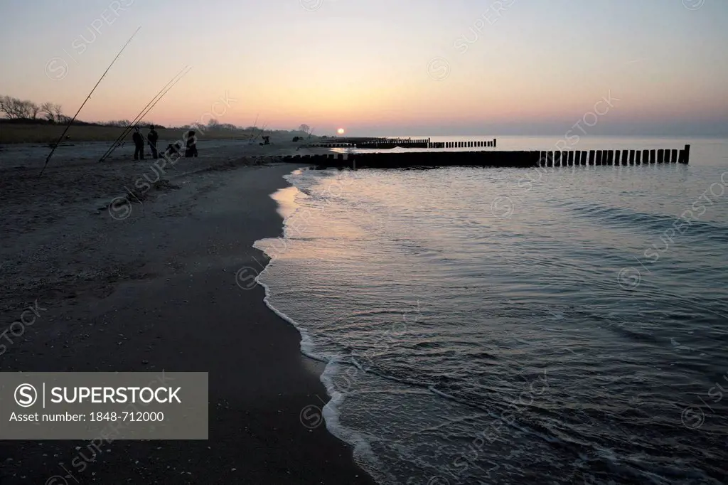 Surf fishing at sunset on the beach near the seaside resort town of Ahrenshoop, Fischland, Mecklenburg-Western Pomerania, Baltic Sea, Germany, Europe