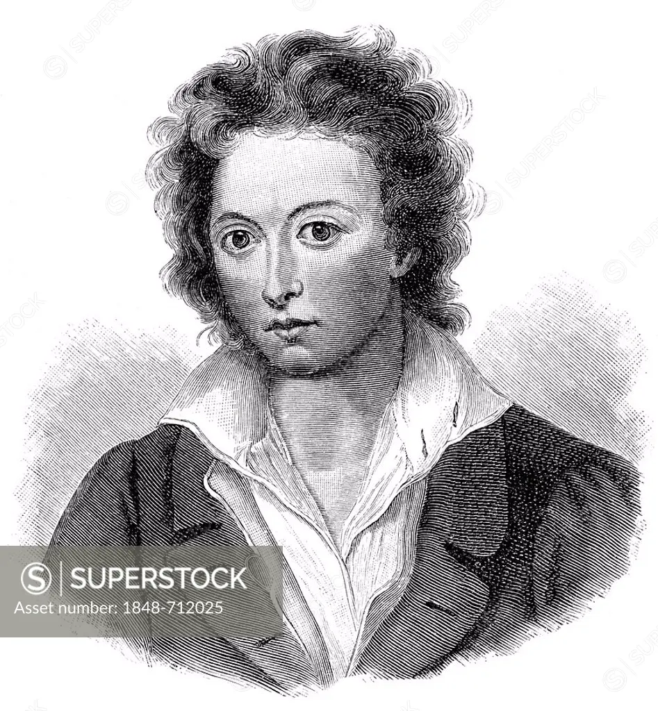 Historical engraving, 19th century, portrait of Percy Bysshe Shelley, 1792 - 1822, British writer of Romanticism