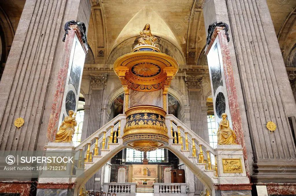 Historic, golden ornate pulpit La Chaire à Prêcher, designed by Charles de Wailly, Catholic parish church of Saint-Sulpice de Paris, Saint-Germain-des...