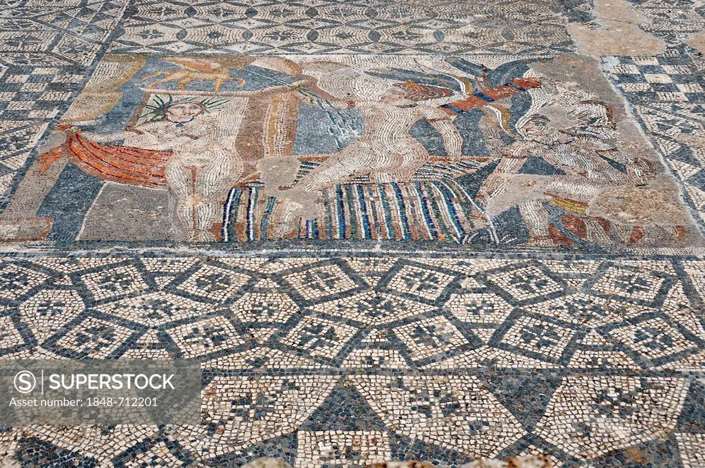 Floor mosaic, Diana and the nymphs bathing, archaeological excavation of the ancient Roman city of Volubilis, UNESCO World Heritage Site, Morocco, Afr...