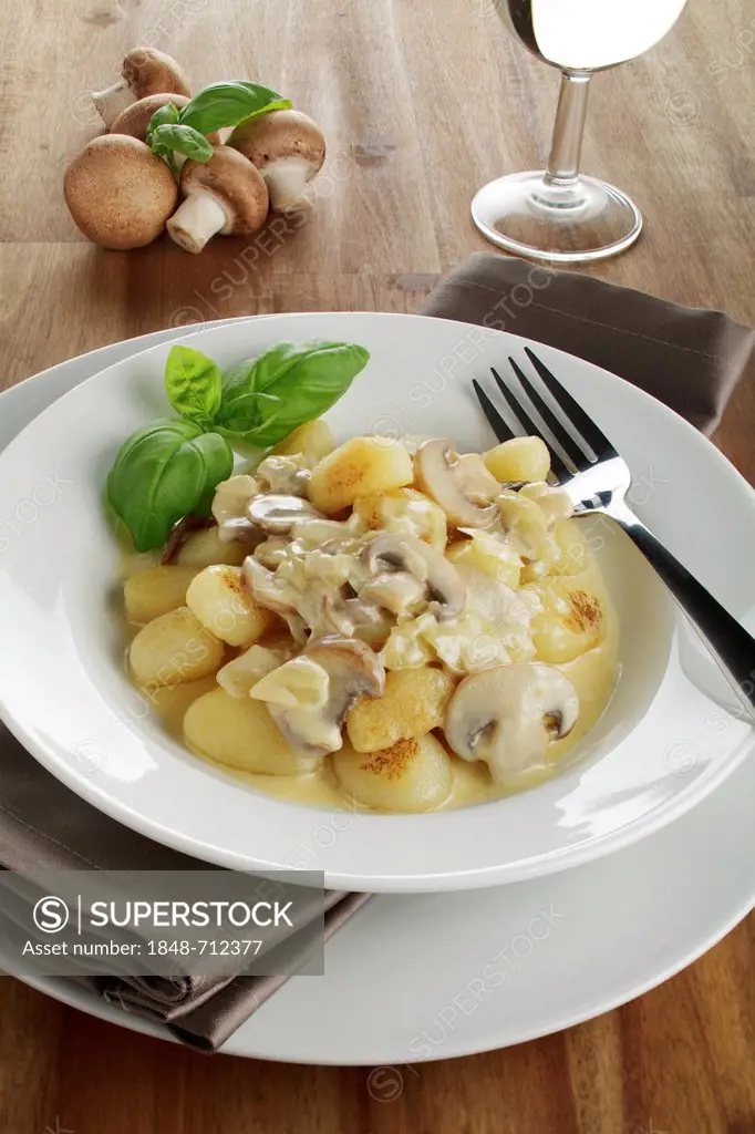 Potato gnocchi with mushrooms in cream sauce