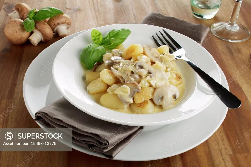 Potato gnocchi with mushrooms in cream sauce
