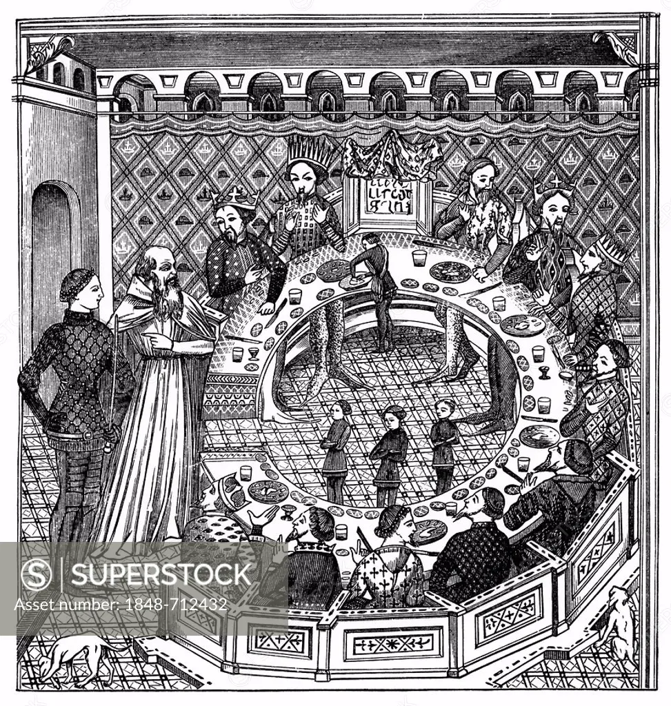 Historical engraving from the 19th Century, King Arthur and his Round Table, 14th Century