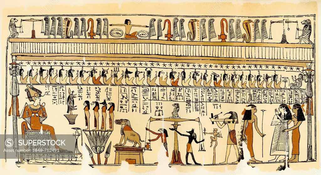 Historical print from the 19th century, papyrus, the Underground Court of Osiris for the Judgement of the Dead, Thebes, Egypt