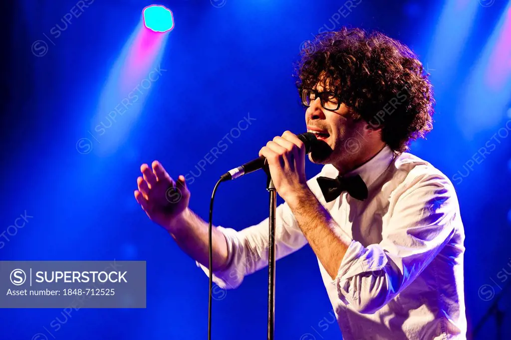 Noah Veraguth, singer and frontman of the Swiss pop band Pegasus, live at the Winterfestival in Wolhusen, Lucerne, Switzerland, Europe