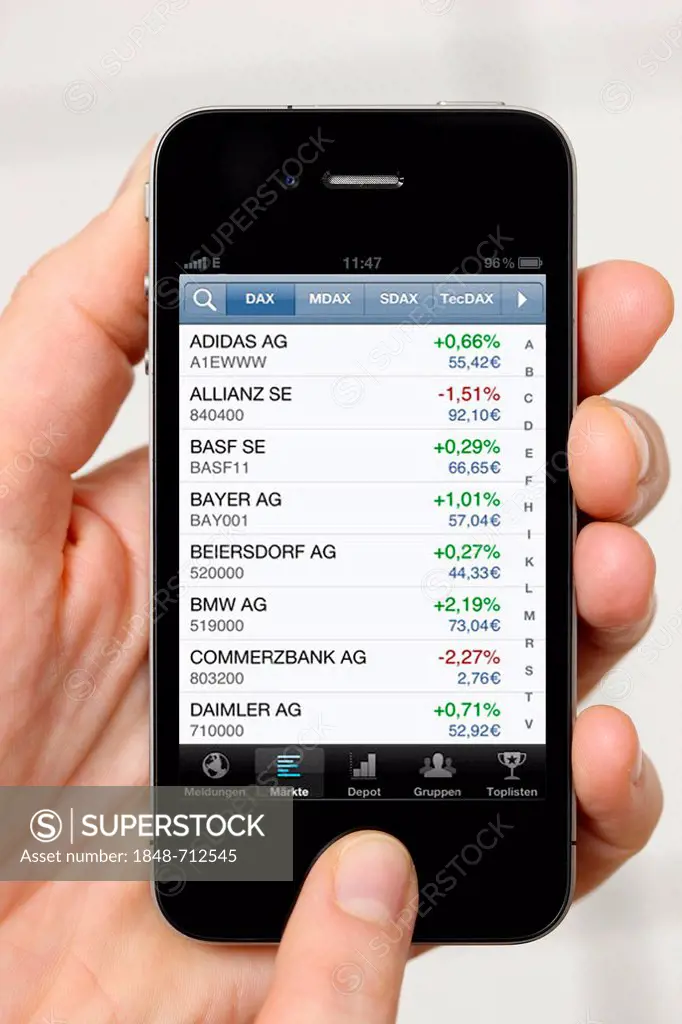 Iphone, smart phone, information on stock prices, app on the screen