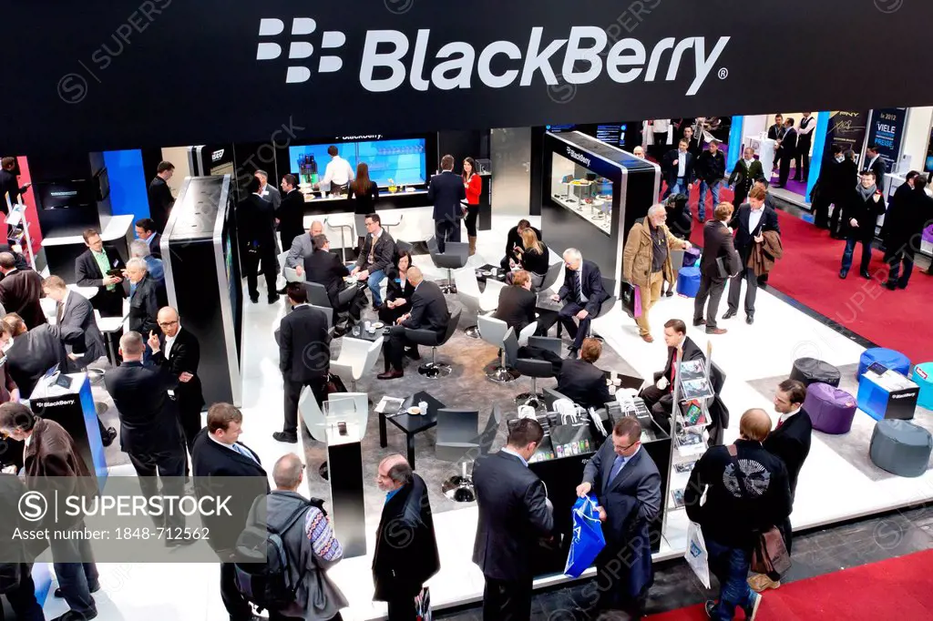 BlackBerry exhibition stand, Canadian smartphone manufacturer RIM, Research In Motion, CeBIT international computer expo, Hannover, Lower Saxony, Germ...