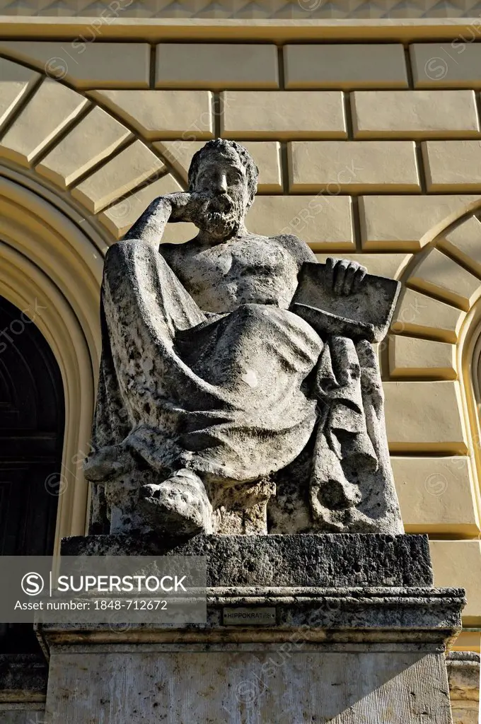 Statue of Hippocrates in front of the State Library in Ludwigstrasse, Munich, Bavaria, Germany, Europe