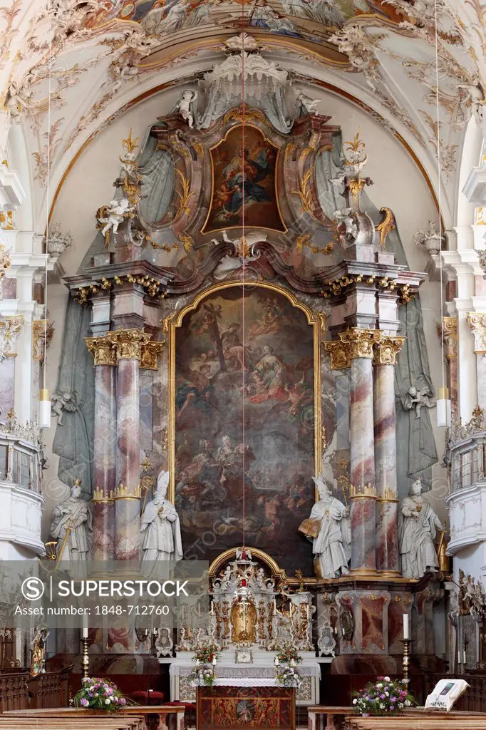 High altar in the Monastery Church of St. Margaret, Baumburg Abbey, Altenmarkt, Chiemgau, Upper Bavaria, Bavaria, Germany, Europe