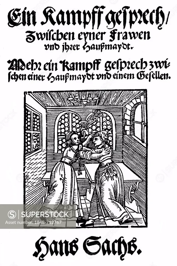 Historic print, woodcut of 1553, front page by Hans Sachs, 1494 - 1576, a Nuremberg poet, playwright and Meistersinger, from Bildatlas zur Geschichte ...