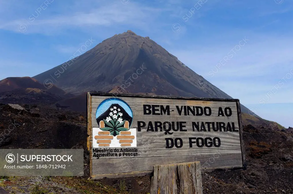 Sign at the entrance to the Parque Natural de Fogo, Fogo, Cape Verde, Africa
