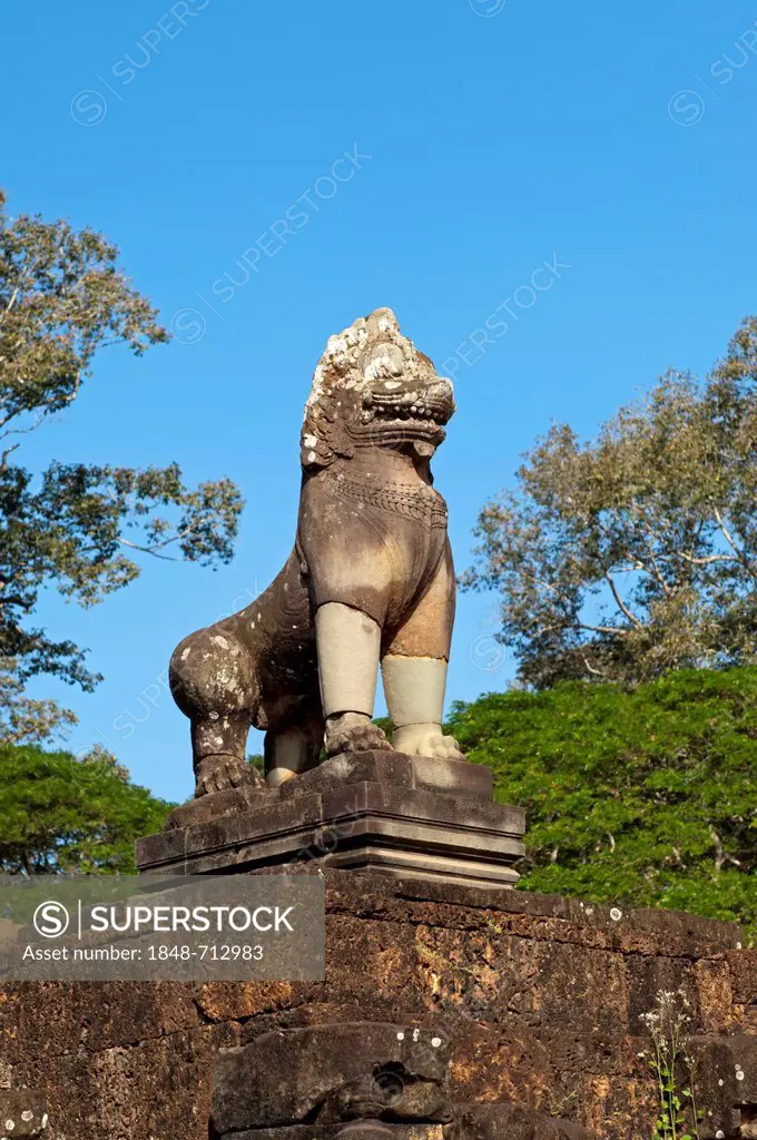 Lion figure as a guard at the Elephant Terrace, Angkor Thom, Angkor, Siem Reap, Cambodia, Asia