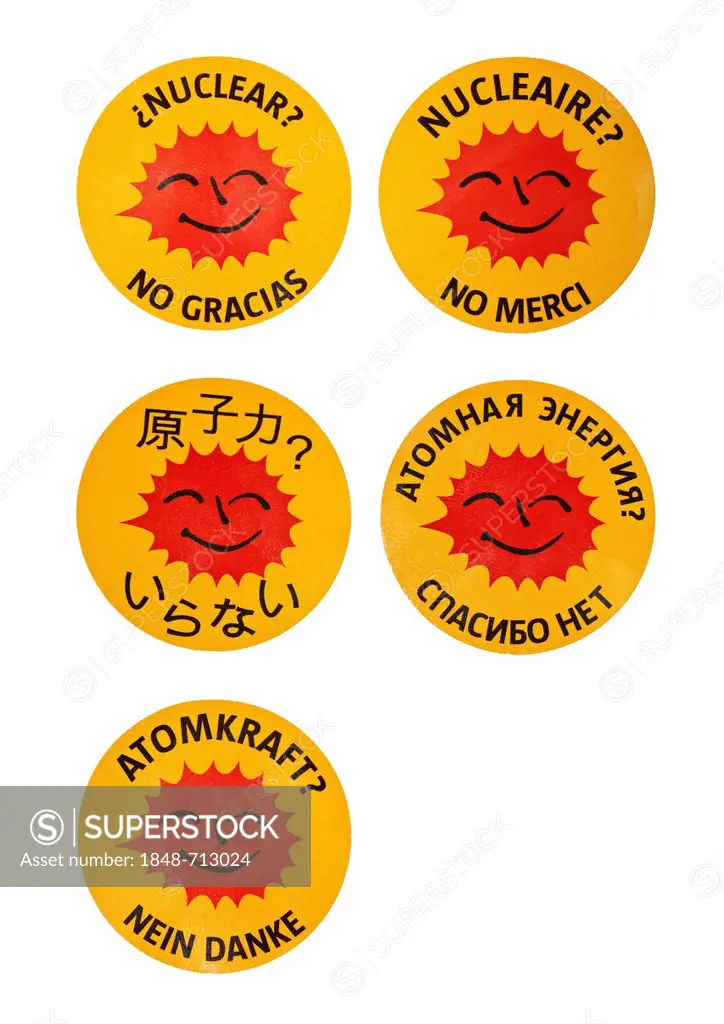 Sticker, Nuclear power No thanks in different languages, Spanish, French, Japanese, Russian, German